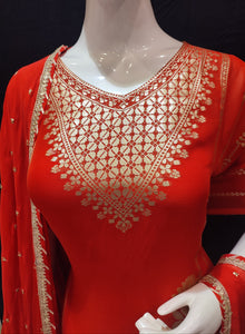Organza Red Unstitched Suit With Golden Weaving