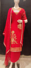 Load image into Gallery viewer, Organza Red Unstitched Suit With Golden Weaving
