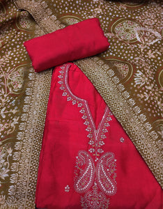 Silk Red Semi-Stitch Suit With Golden Embroidery