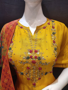 Yellow Silk Semi-Stitch Suit With Thread And Dubka Work
