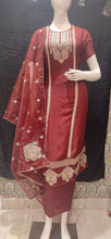 Load image into Gallery viewer, Maroon Organza Semi-Stitch Suit Without Sleeves With Thread Embroidery
