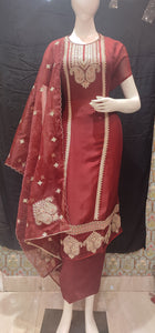 Maroon Organza Semi-Stitch Suit Without Sleeves With Thread Embroidery