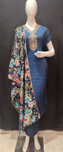 Load image into Gallery viewer, Blue Modal Silk Semi-Stitch Suit Without Sleeves With Golden Zari Embroidery
