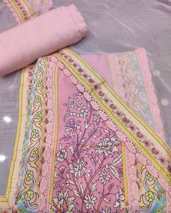 Pink Muslin Unstitched Suit With Lacework