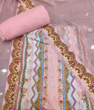 Load image into Gallery viewer, Peachish Pink Muslin Unstitched Suit With Lacework

