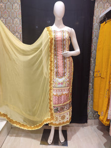 Yellow Muslin Unstitched Suit With Lacework