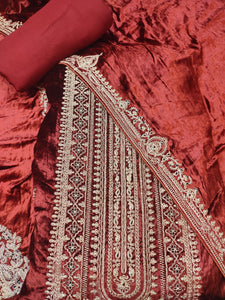 Maroon Velvet Unstitched Suit with Golden Zari Embroidery