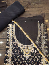 Load image into Gallery viewer, Black Georgette Unstitched Suit With Kutdana Jarkan And Resham Hand Embroidery
