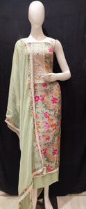 Green Muslin Unstitched Suit With Lacework