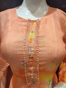 Pastel Orange Muslin Semi-Stitch Suit With Sleeves With Chikenkari Embroidery