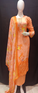 Pastel Orange Muslin Semi-Stitch Suit With Sleeves With Chikenkari Embroidery