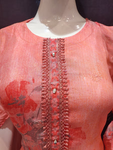 Coral Pink Muslin Semi-Stitch Suit With Chikenkari