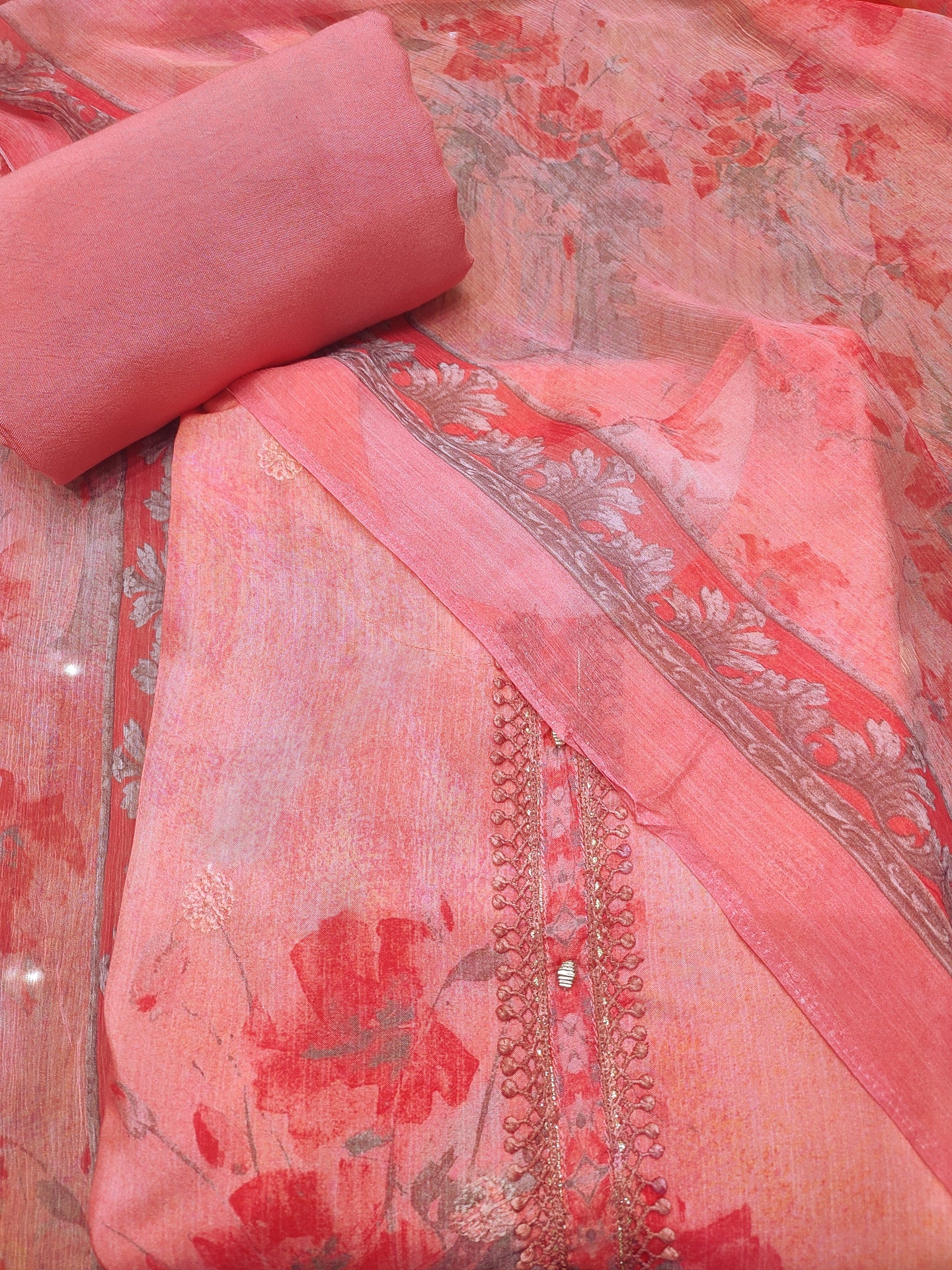 Coral Pink Muslin Semi-Stitch Suit With Chikenkari