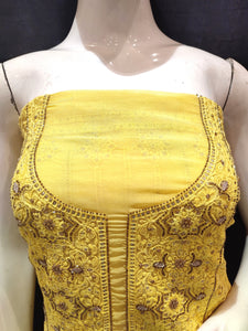 Yellow Organza Unstitched suit with Cutdana Work