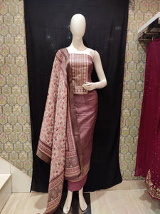 Onion Pink Tussar Unstitched Suit With Golden Zari Embroidery