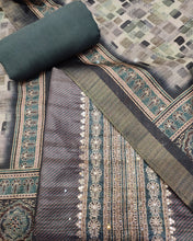 Load image into Gallery viewer, Dark Green Tussar Silk Unstitched Suit With Golden Zari Embroidery
