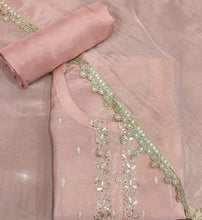 Load image into Gallery viewer, Peach shimmer silk semistitch suit with gotapatti n dubka handwork
