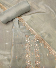 Load image into Gallery viewer, Sky Blue Shimmer Silk Semi-Stitch Suit With Gotapatti And Dubka Handwork
