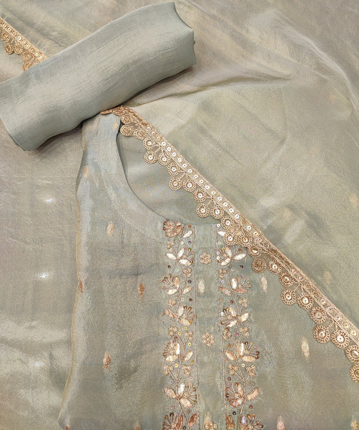 Sky Blue Shimmer Silk Semi-Stitch Suit With Gotapatti And Dubka Handwork