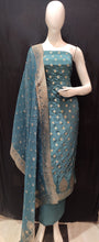 Load image into Gallery viewer, Blue Crape Silk Unstitched Suit With Swarovski Work
