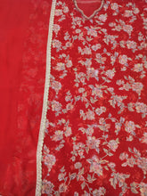 Load image into Gallery viewer, Red Organza Semi-Stitch Suit With Thread Work And Print Highlighted
