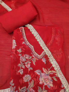 Red Organza Semi-Stitch Suit With Thread Work And Print Highlighted