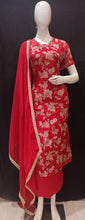 Load image into Gallery viewer, Red Organza Semi-Stitch Suit  With Thread Work And Print Highlighted
