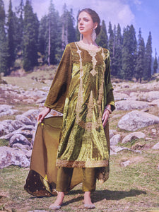 Green Velvet Unstitched Suit With Golden Embroidery