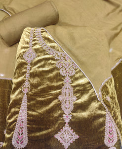 Green Velvet Unstitched Suit With Golden Embroidery