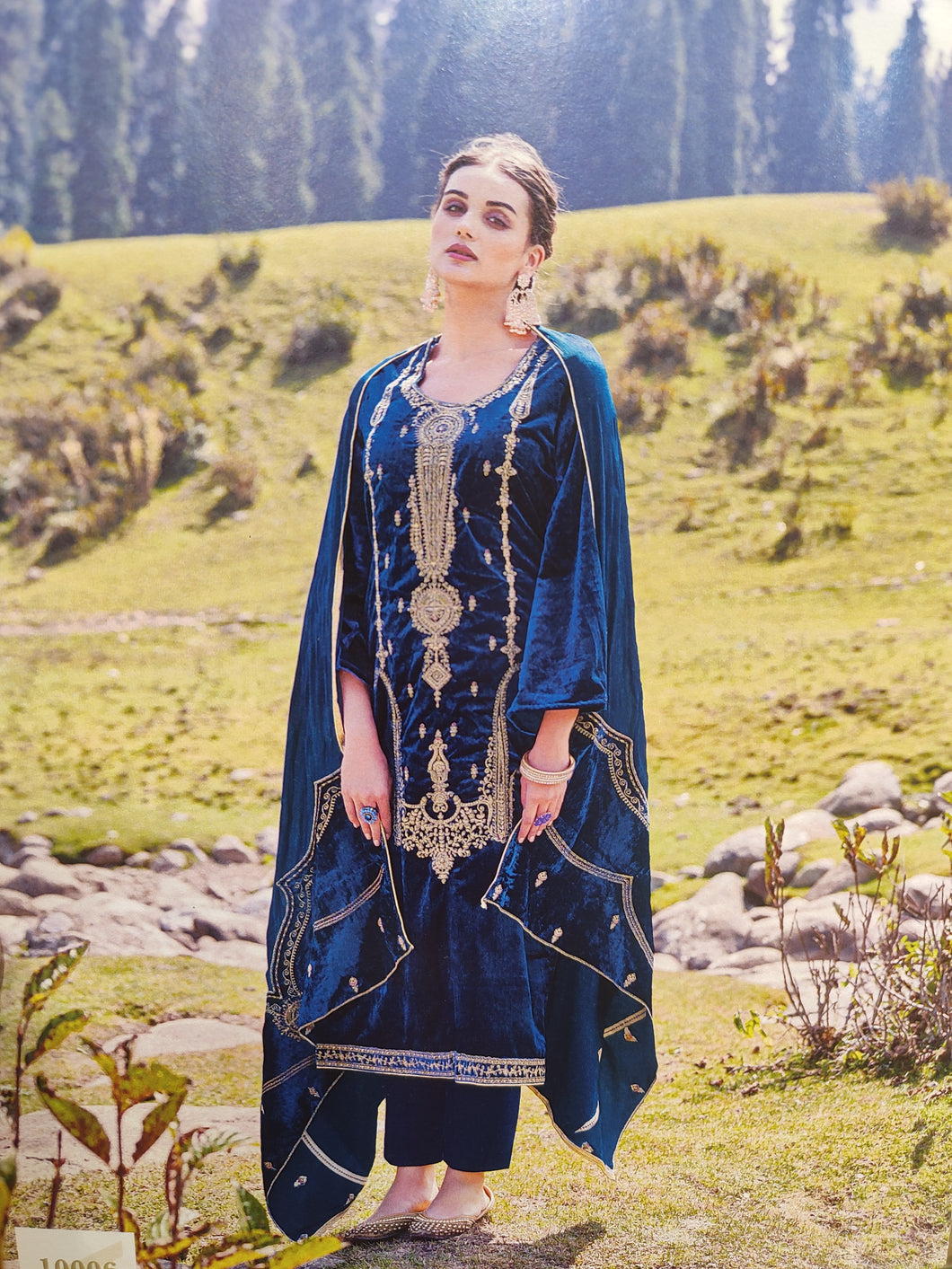 Blue Velvet Unstitched Suit With Golden Embroidery