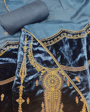 Load image into Gallery viewer, Blue Velvet Unstitched Suit With Golden Embroidery
