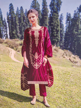 Load image into Gallery viewer, Rani Pink Velvet Unstitched Suit With Golden Embroidery
