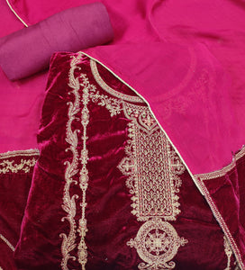 Rani Pink Velvet Unstitched Suit With Golden Embroidery