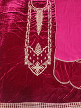 Load image into Gallery viewer, Rani Pink Velvet Unstitched Suit With Golden Embroidery
