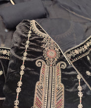 Load image into Gallery viewer, Black Velvet Unstitched Suit With Golden Embroidery

