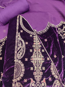 Purple Velvet Unstitched Suit With Golden Embroidery
