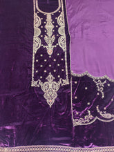 Load image into Gallery viewer, Purple Velvet Unstitched Suit With Golden Embroidery
