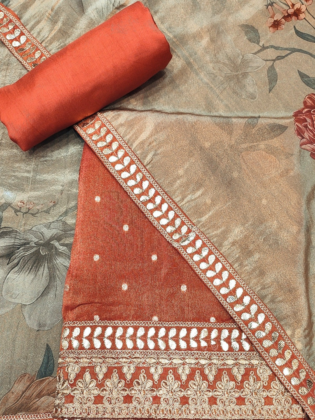 Orange Shimmer Silk Unstitched Suit With Gotapatti Golden Embroidery
