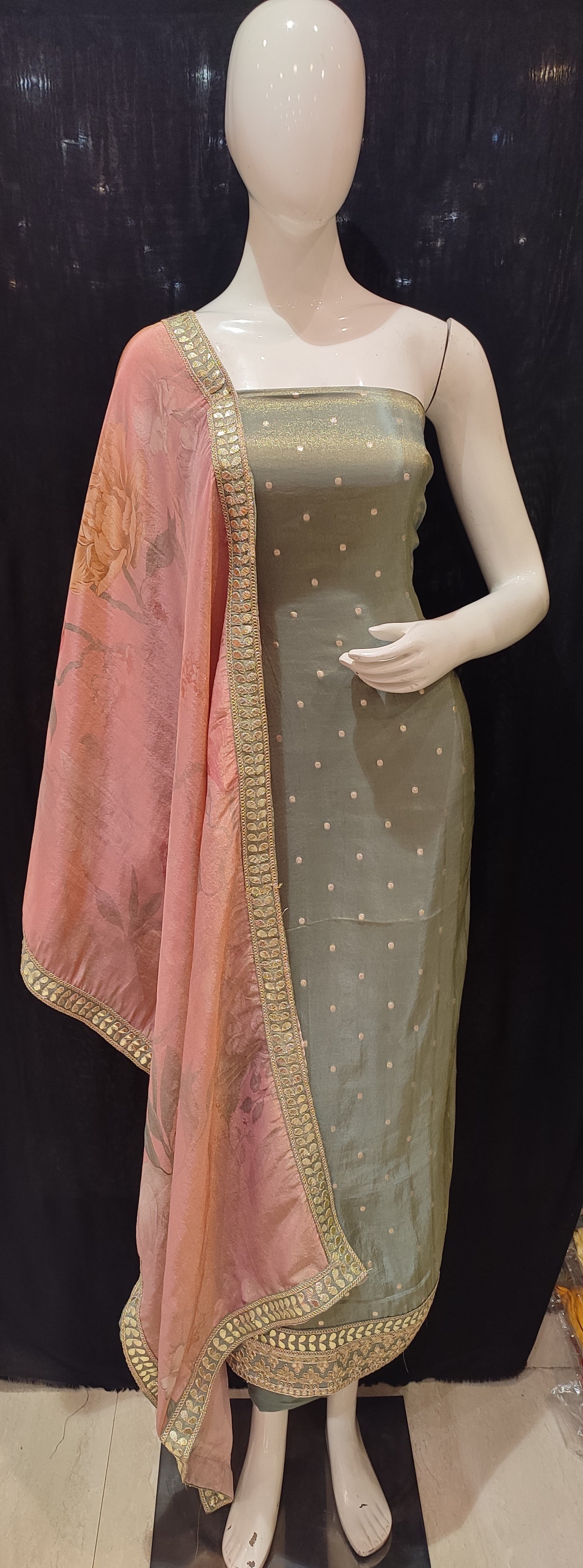 Green Shimmer Silk Unstitched Suit With Gotapatti Golden Embroidery