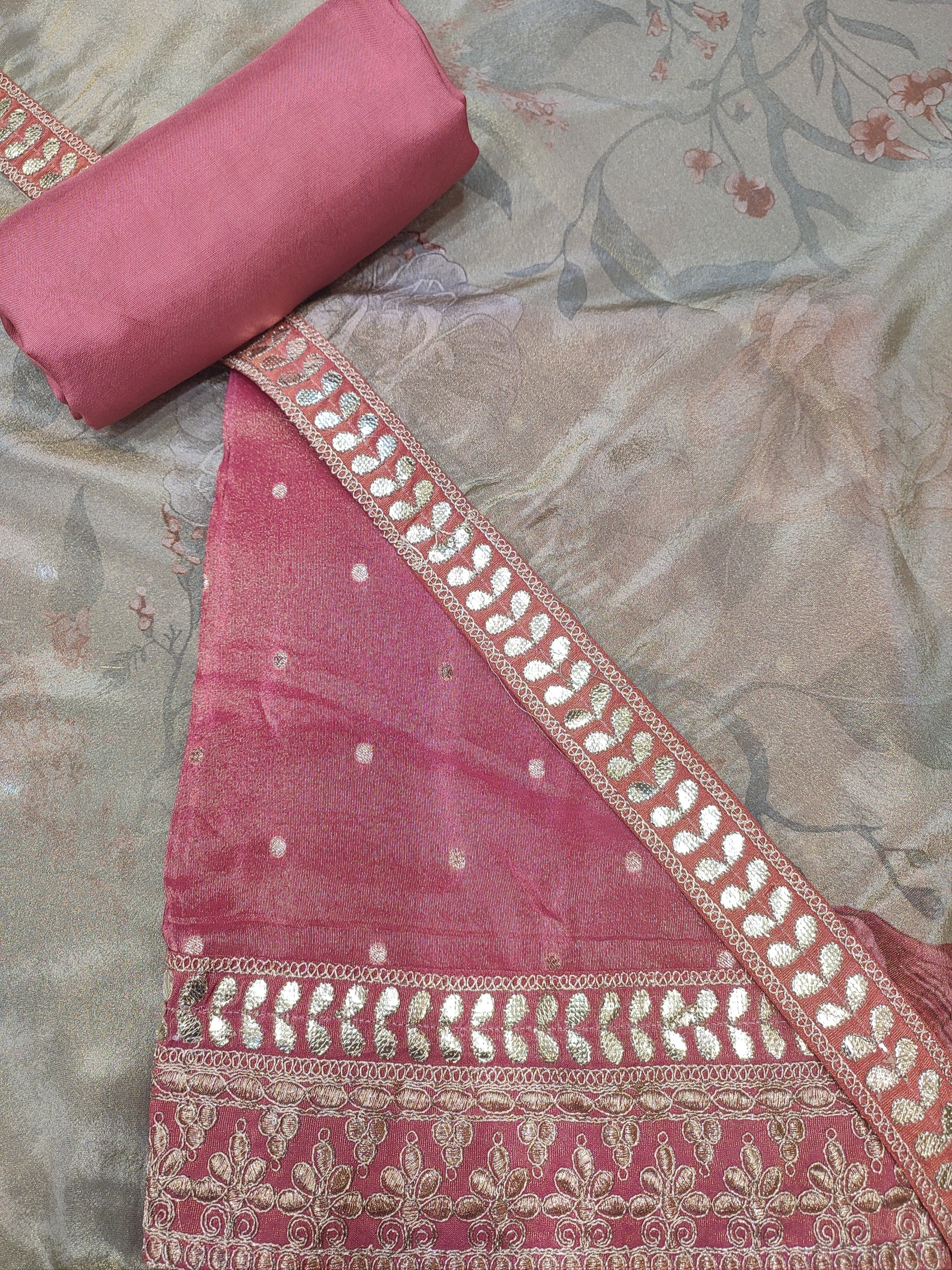Shimmer Silk Pink Unstitched Suit With Gotapatti Golden Embroidery