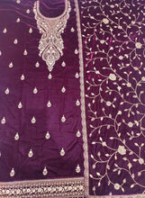 Load image into Gallery viewer, Wine Velvet Unstitched Suit With Golden Embroidery
