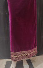 Load image into Gallery viewer, Wine Velvet Unstitched Suit With Golden Embroidery
