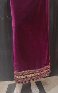 Wine Velvet Unstitched Suit With Golden Embroidery