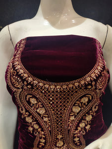 Wine Velvet Unstitched Suit With Golden Embroidery