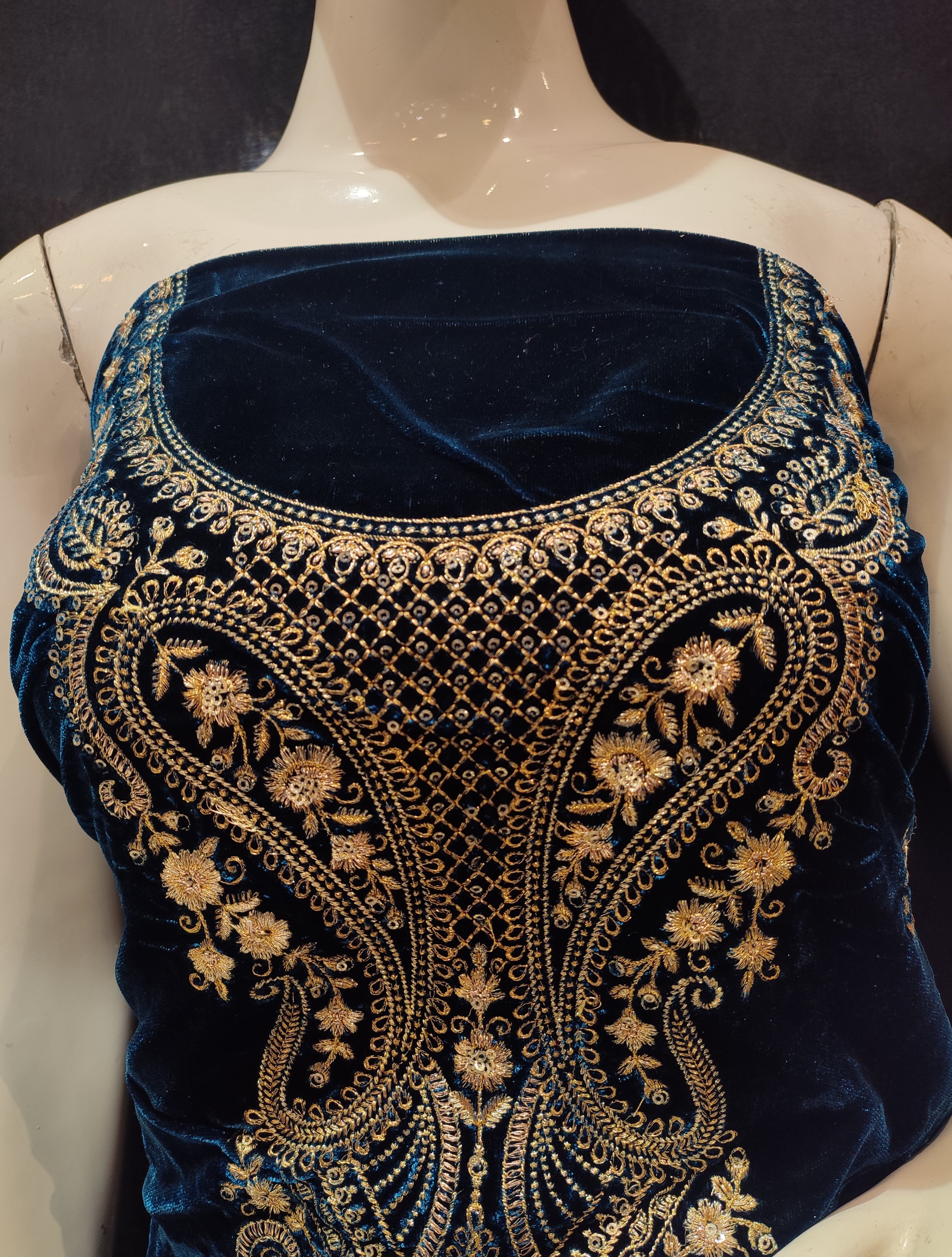 Blue Velvet Unstitched Suit With Golden Embroidery