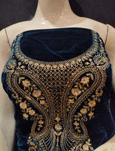 Load image into Gallery viewer, Blue Velvet Unstitched Suit With Golden Embroidery
