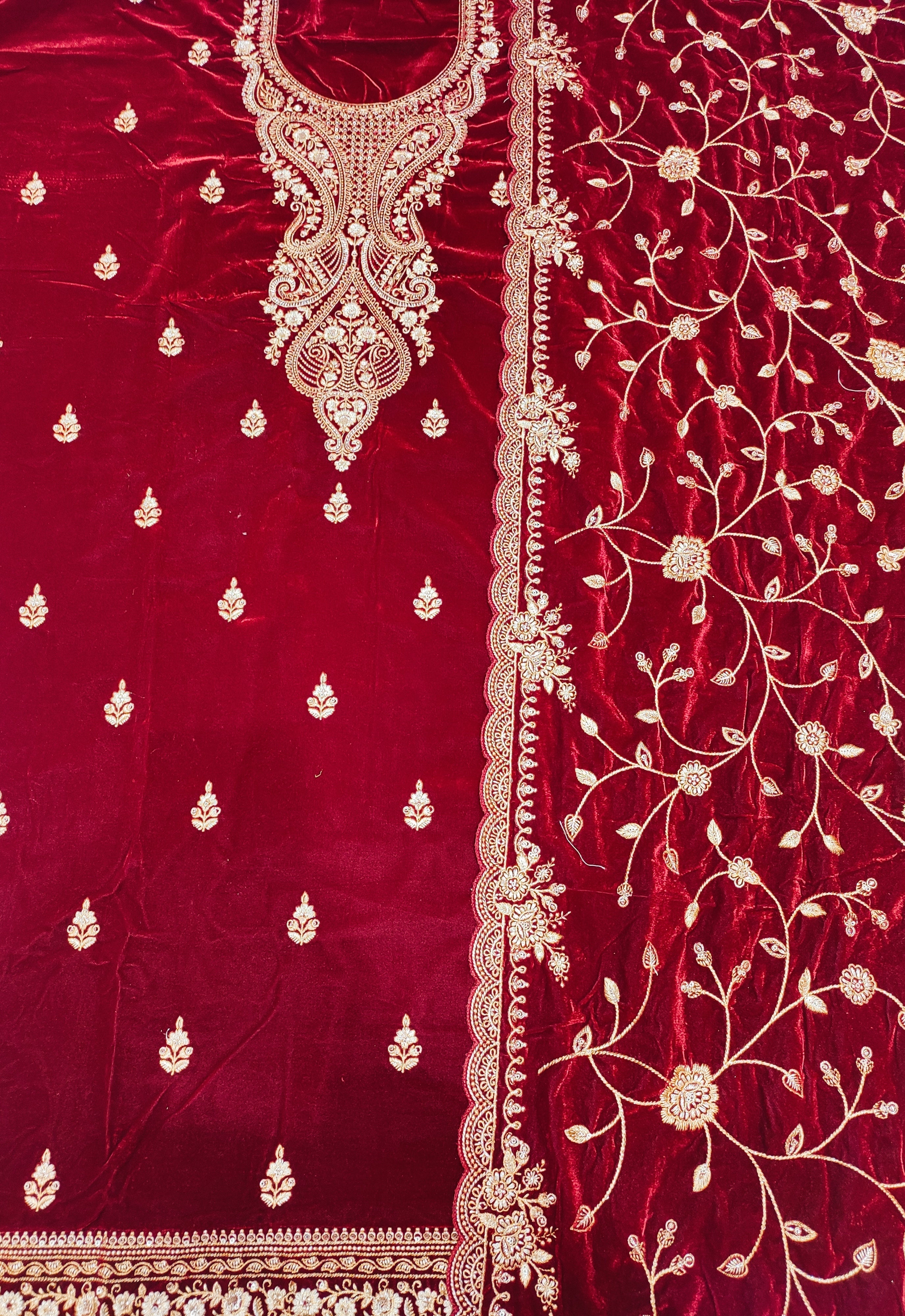 Maroon Velvet Unstitched Suit With Golden Embroidery