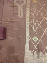Load image into Gallery viewer, Shimmer Tissue Brown Semi-Stitch Suit With Golden Embroidery
