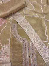 Load image into Gallery viewer, Shimmer Tissue Mustard Semi-Stitch Suit With Golden Embroidery
