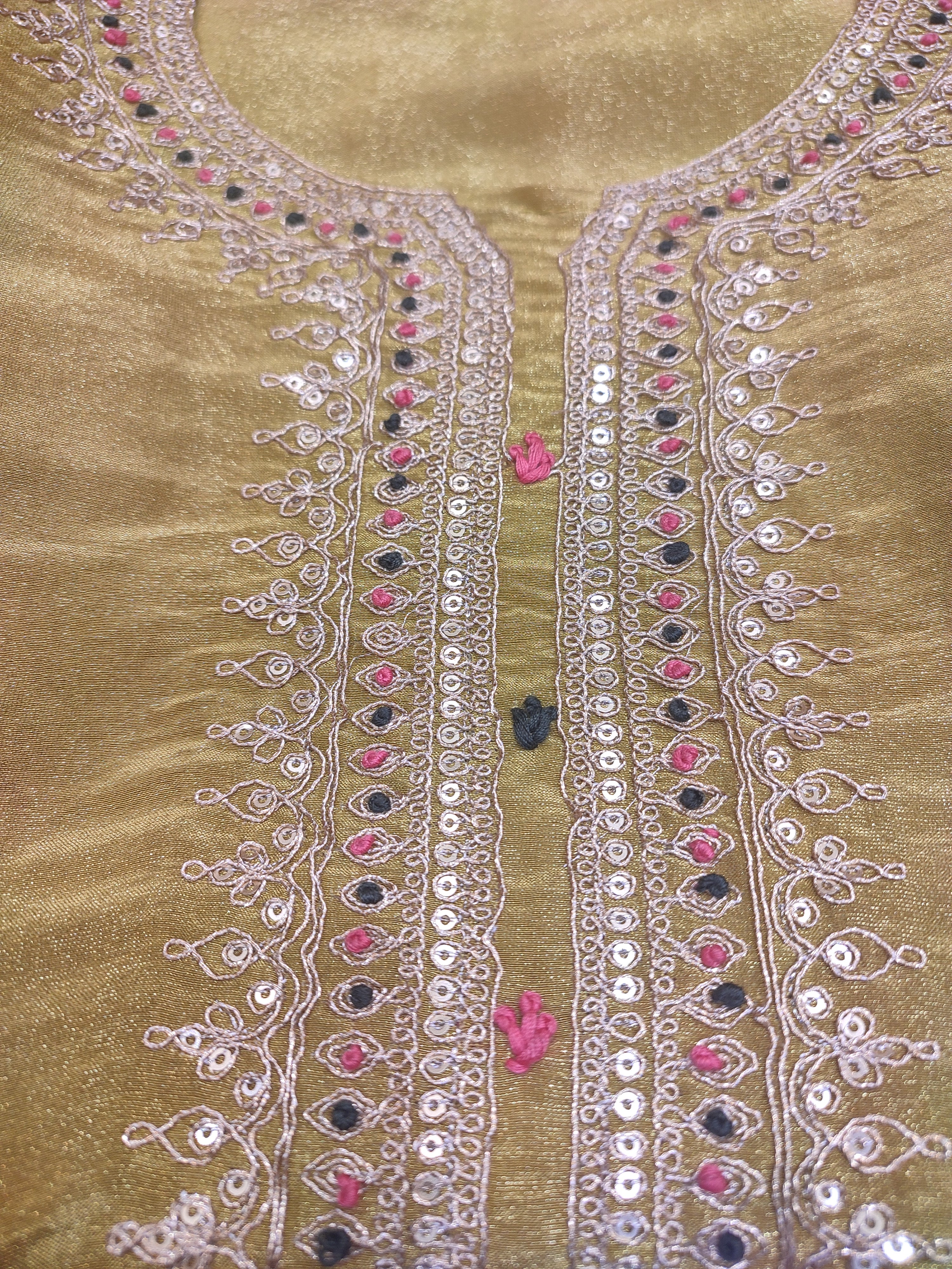 Shimmer Tissue Mustard Semi-Stitch Suit With Golden Embroidery